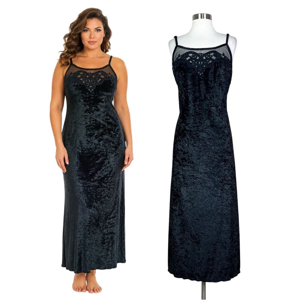 Cacique | Vintage Y2K Black Lace Crushed Velvet Sheer Mesh Nightgown 14/16 1X